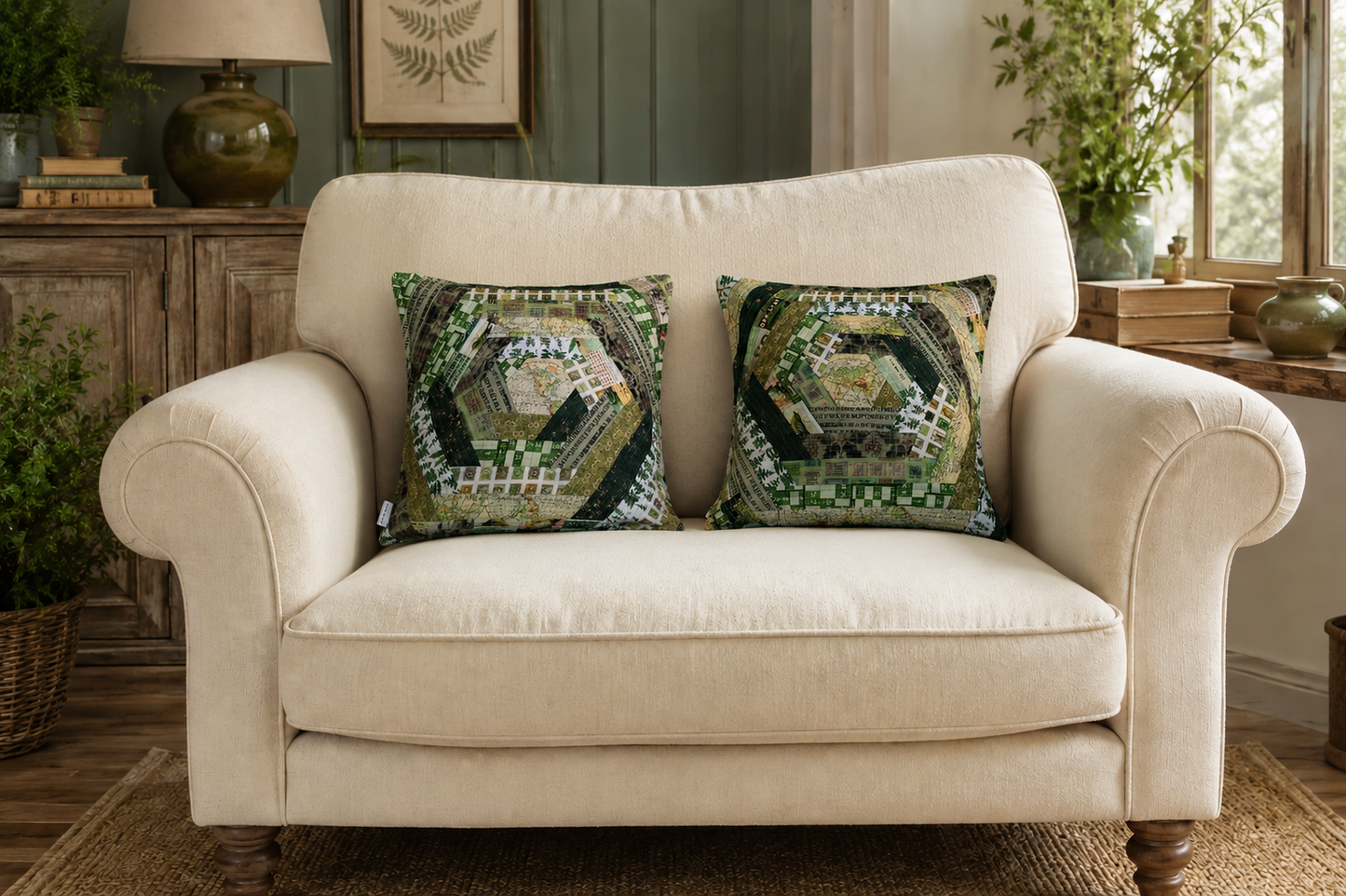 Patchwork Quilted Cushion - Rustic Green