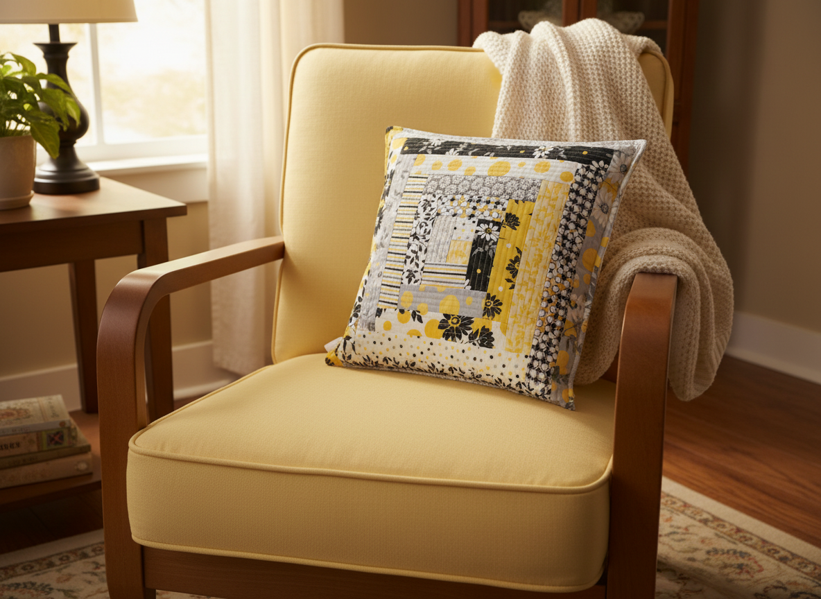 Patchwork Quilted Cushion - Yellow