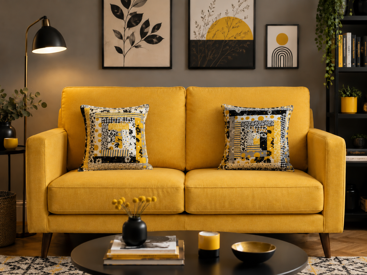 Patchwork Quilted Cushion - Yellow